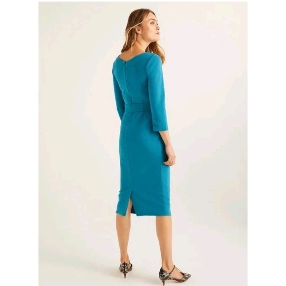 BODEN Margie Ottoman V Neck Dress Teal Blue Womens Size 4 Ribbed Preppy Pencil - Picture 2 of 11